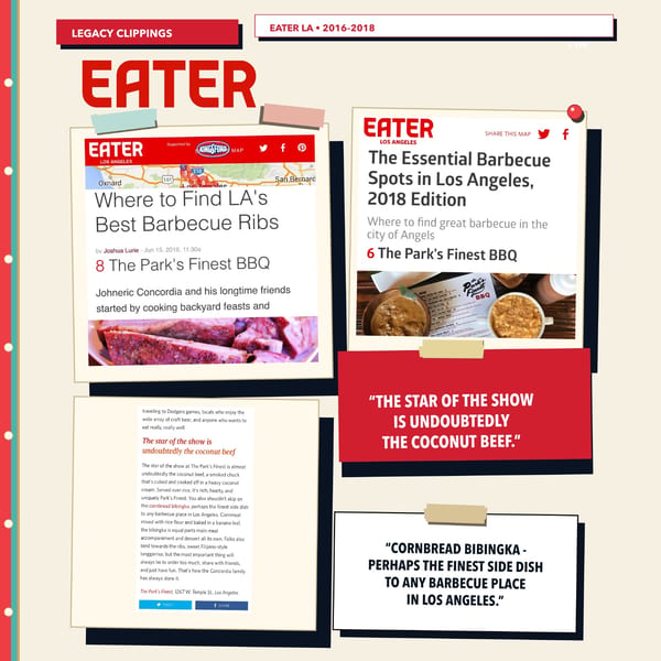 A collage of Eater LA articles featuring The Park's Finest BBQ, highlighting ribs, coconut beef, and cornbread bibingka.