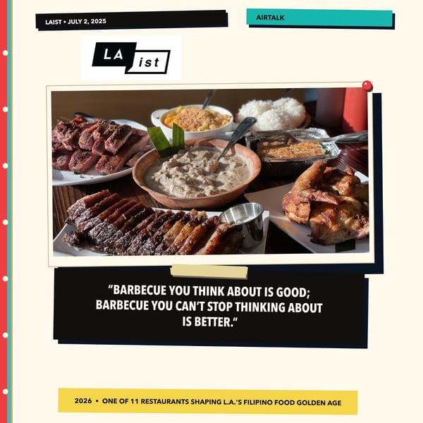 A Filipino feast with grilled meats, rice, and various side dishes on a wooden table.