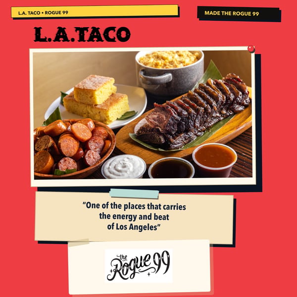 A spread of L.A. Taco dishes: sliced brisket, cornbread, sausage, and various dipping sauces.
