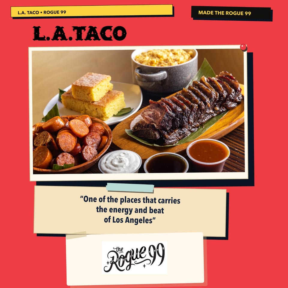 A spread of L.A. Taco dishes: sliced brisket, cornbread, sausage, and various dipping sauces.