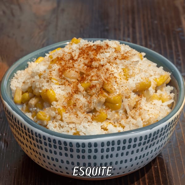 Bowl of Esquites with corn, white cheese, and chili powder on a wooden table.