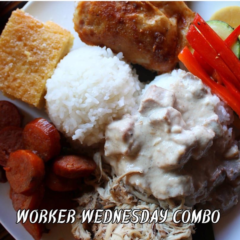 Worker Wednesday Combo plate with fried chicken, rice, cornbread, sausage, pulled pork, and creamy chicken.